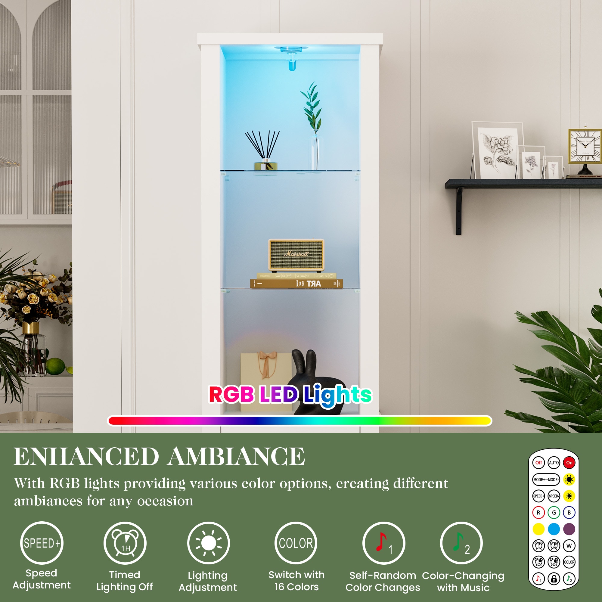 75'' Tall Storage Cabinet With LED Light, Farmhouse Pantry Cabinet With Tempered Glass Adjustable Shelves & Barn Door, Freestanding Linen Tower For Bathroom, Living Room, Kitchen, White_voghion.com